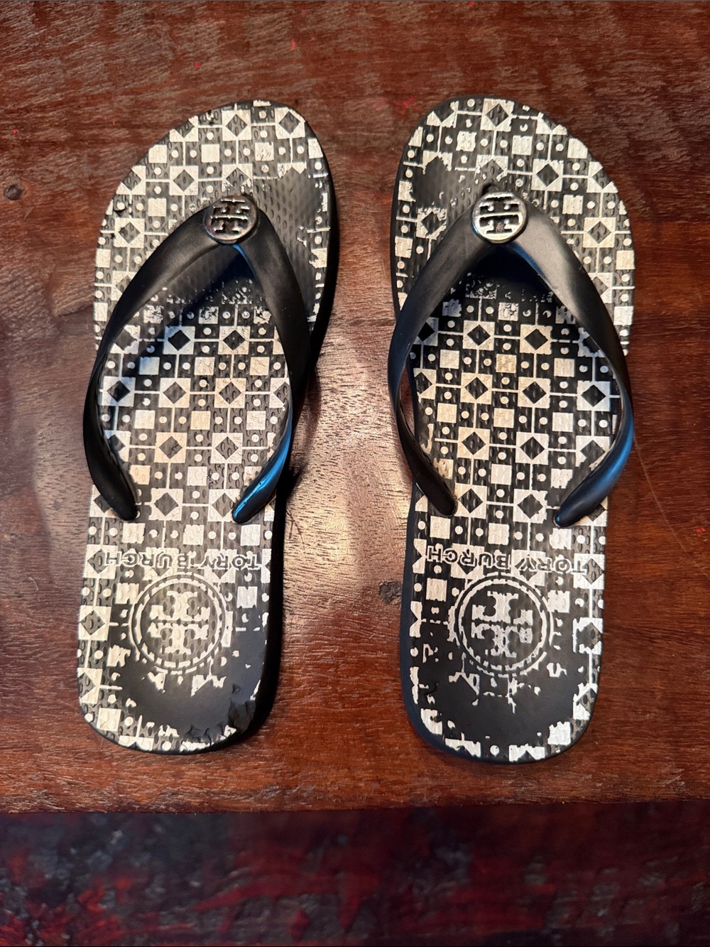 Tory Burch Black and White Logo Thong Sandals